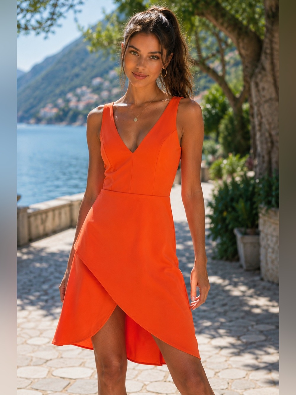 Adelyn Rae One-Shoulder Orange Wrap Skirt Dress